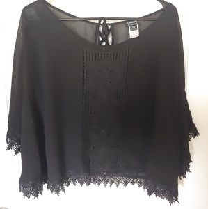 Black See-Through Top with Embroidery Detail